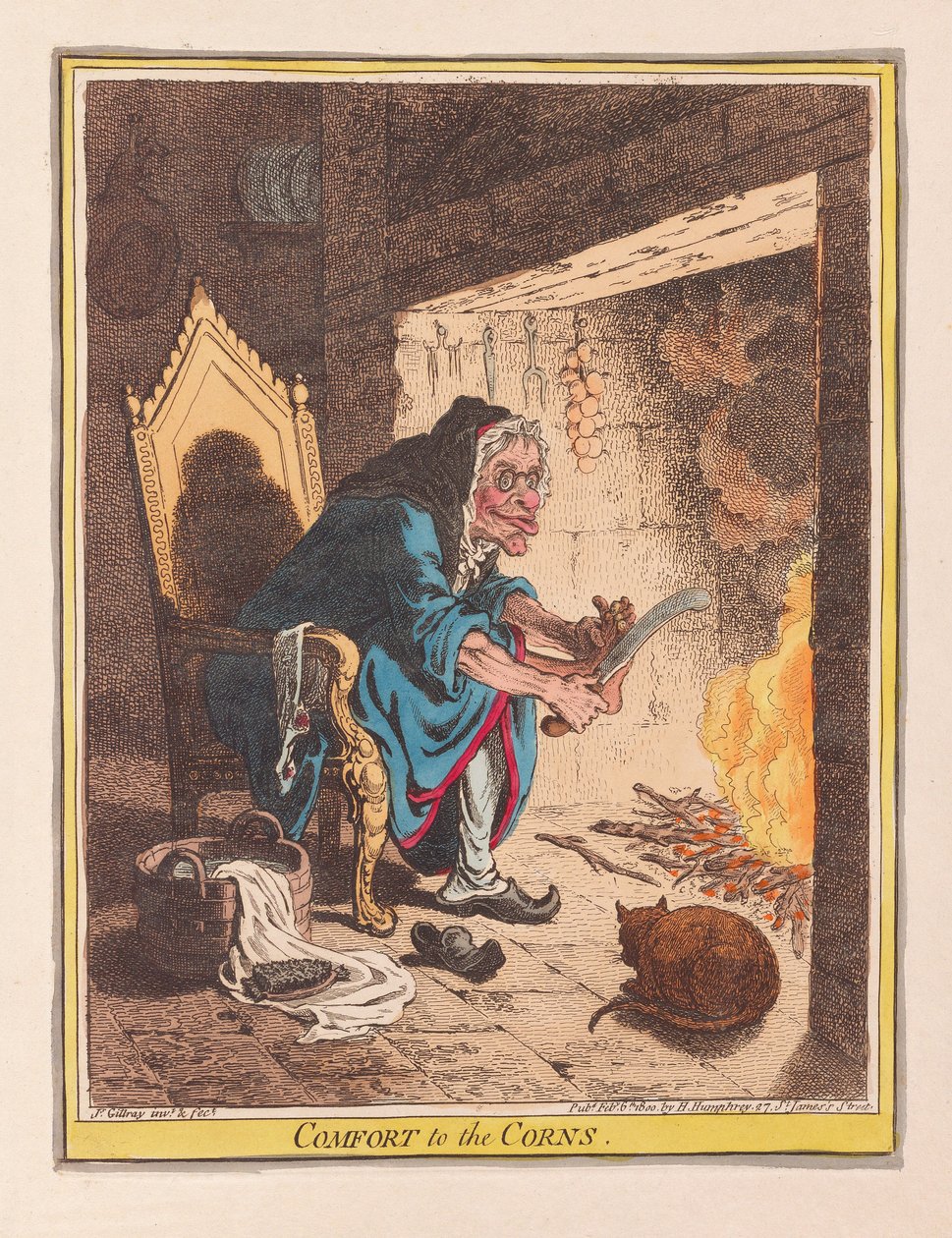 Comfort to the Corns, pub. 1800 (håndfarget gravering) av James Gillray