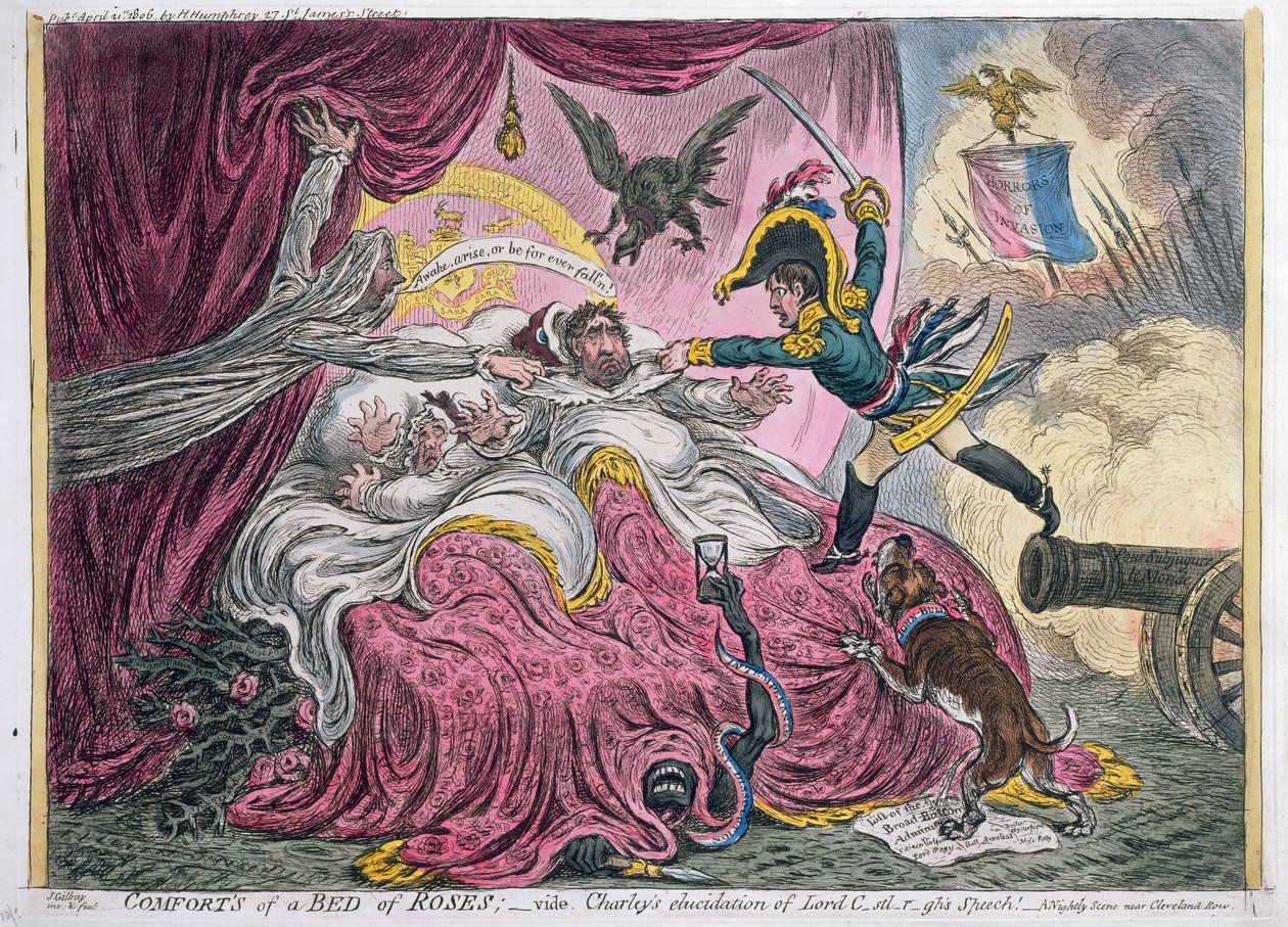 Comforts of a Bed of Roses, utgitt av Hannah Humphrey i 1806 (håndfarget etsning med akvatint) av James Gillray