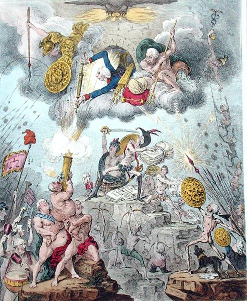 Confederated Coalition, eller The Giants Storming Heaven, utgitt av Hannah Humphrey i 1804 (etsing, gravering, akvatint og akvarell på papir) av James Gillray