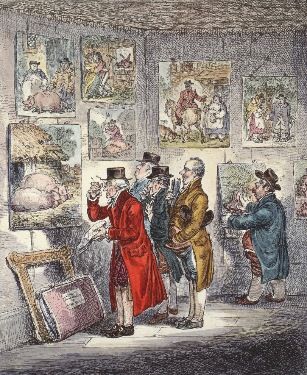 Kjennere undersøker en samling George Morlands-malerier av James Gillray