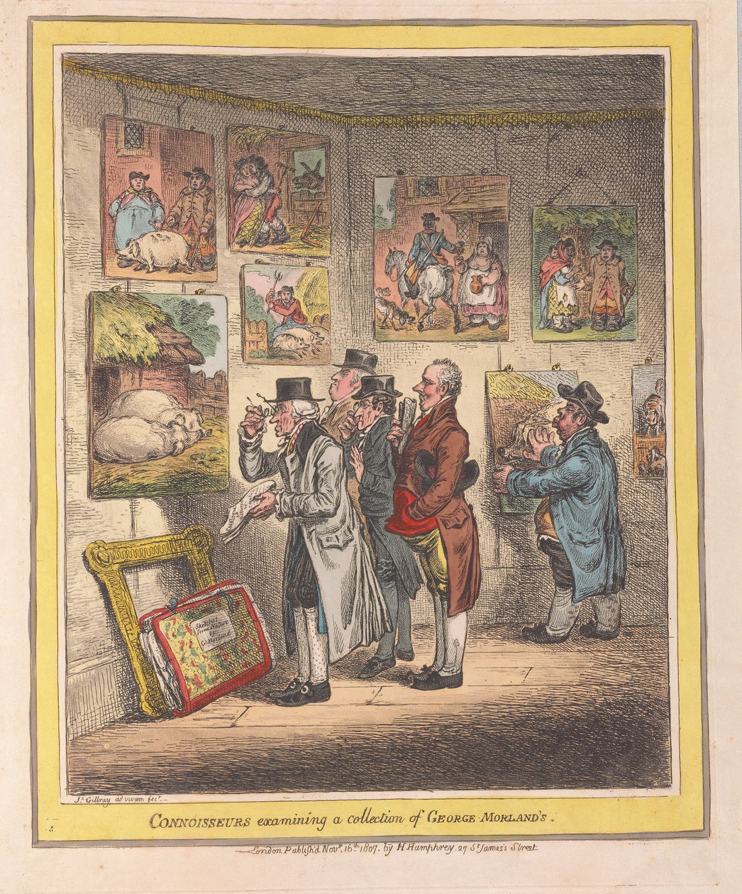 Kjennere undersøker en samling av George Morlands, pub. 1807 (håndfarget gravering) av James Gillray