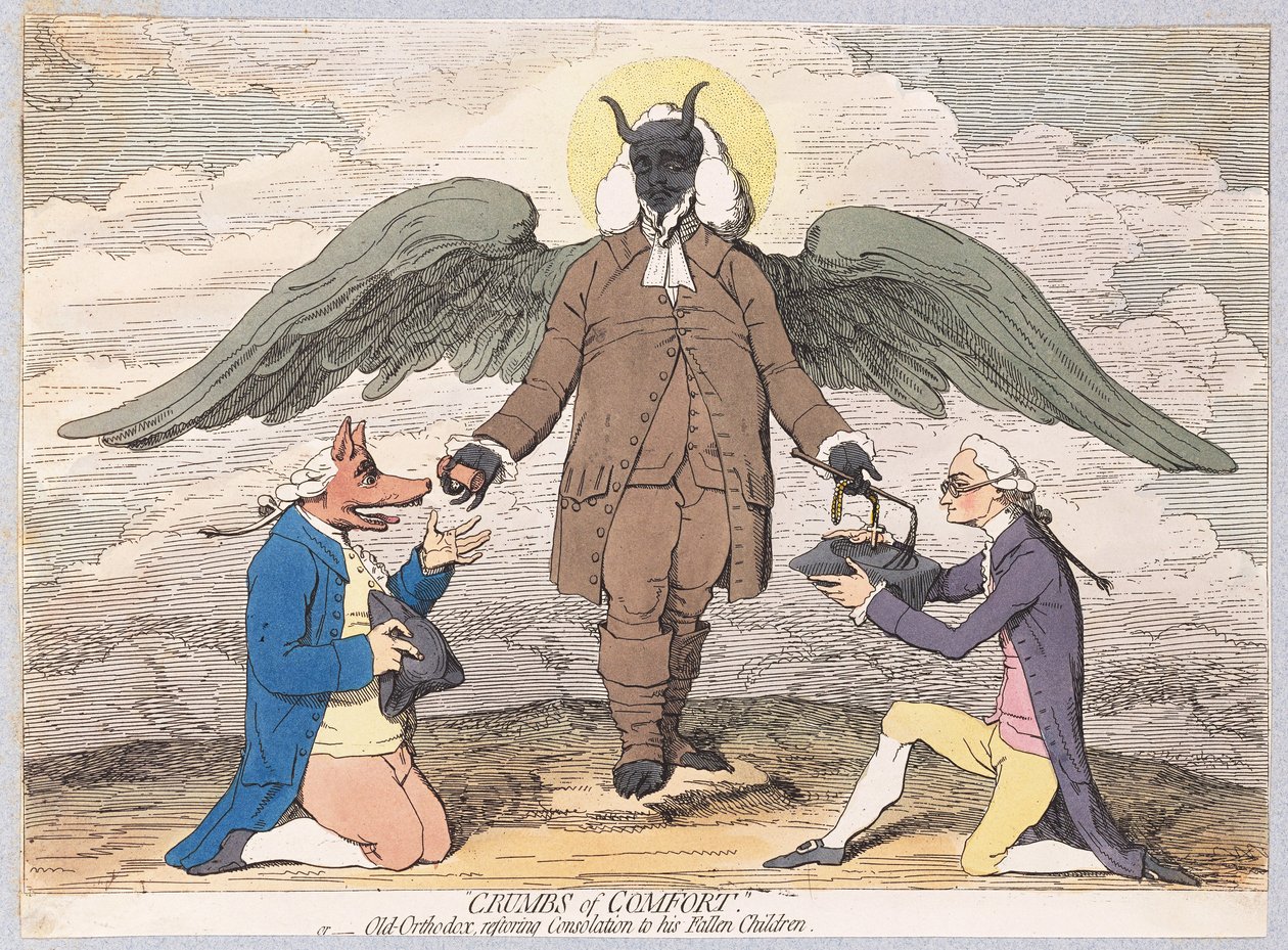 Crumbs of Comfort, eller gammelortodoks gjenoppretting av trøst til hans Fallen Children, pub. 1782 (håndfarget gravering) av James Gillray