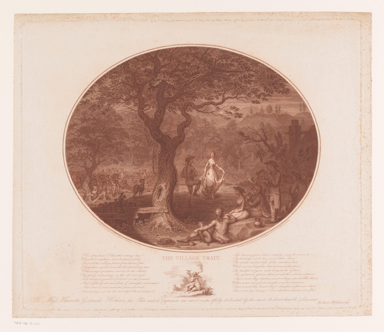 Dansende mann og kvinne under et tre Landsbytoget (tittel på objekt) av James Gillray