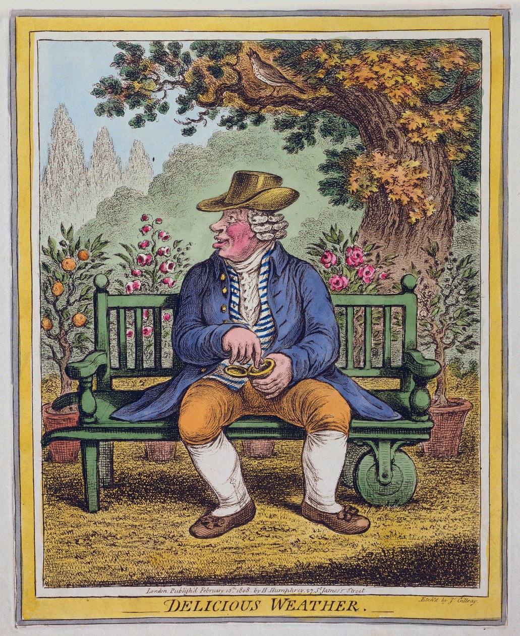 Delicious Weather, utgitt av Hannah Humphrey i 1808 (håndfarget etsning) av James Gillray