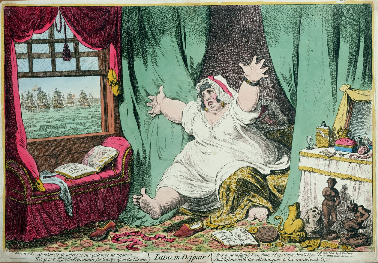 Dido in Despair, utgitt av Hannah Humphrey, 1801 (håndfarget gravering) av James Gillray
