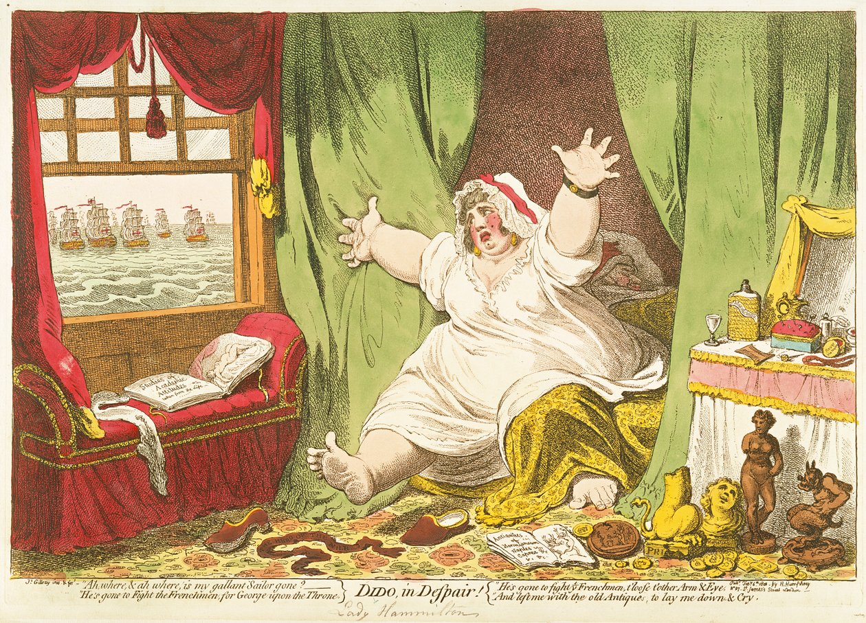 Dido in Despair, utgitt av Hannah Humphrey, 1801 (håndfarget gravering) av James Gillray