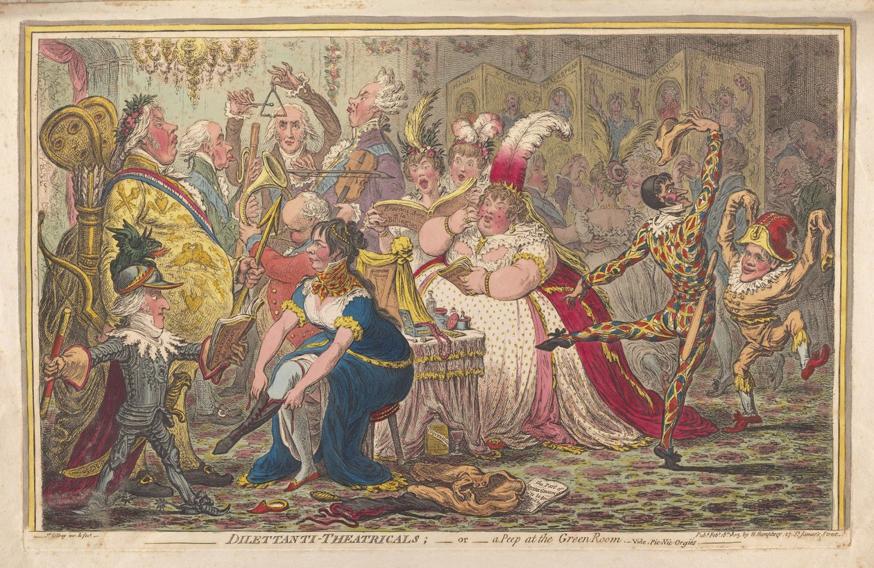 Dilettanti Theatricals eller et kikk på det grønne rommet, se. Pic-Nic-Orgies, pub. 1803 (håndfarget gravering) av James Gillray