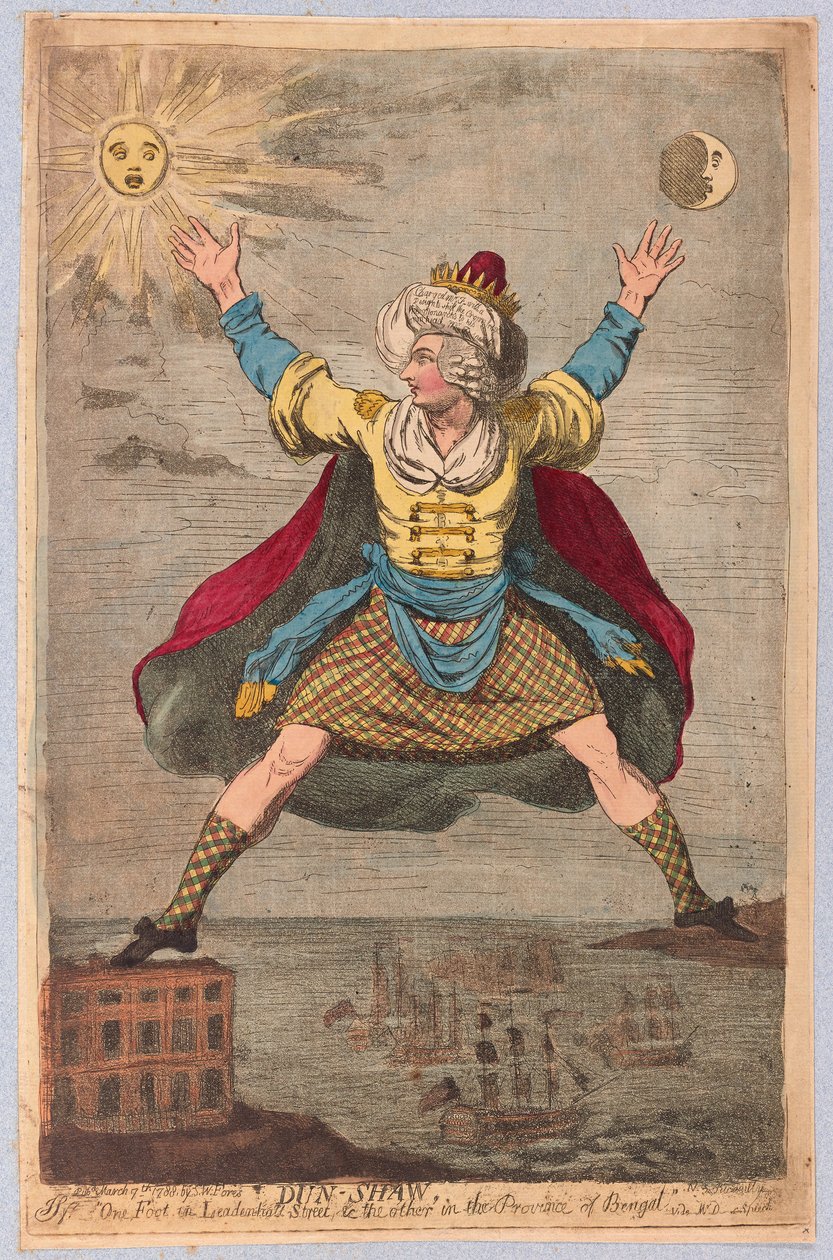 Dun-Shaw, One Foot i Leadenhall Street og den andre i Bengal-provinsen, pub. 1788 (håndfarget gravering) av James Gillray