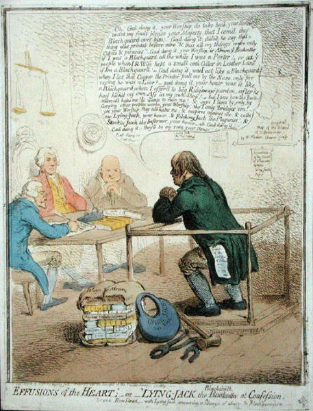 Effusions of the Heart, or Lying Jack the Blacksmith at Confession, utgitt av Hannah Humphrey i 1795 for Philanthropic Society (håndfarget etsning) av James Gillray