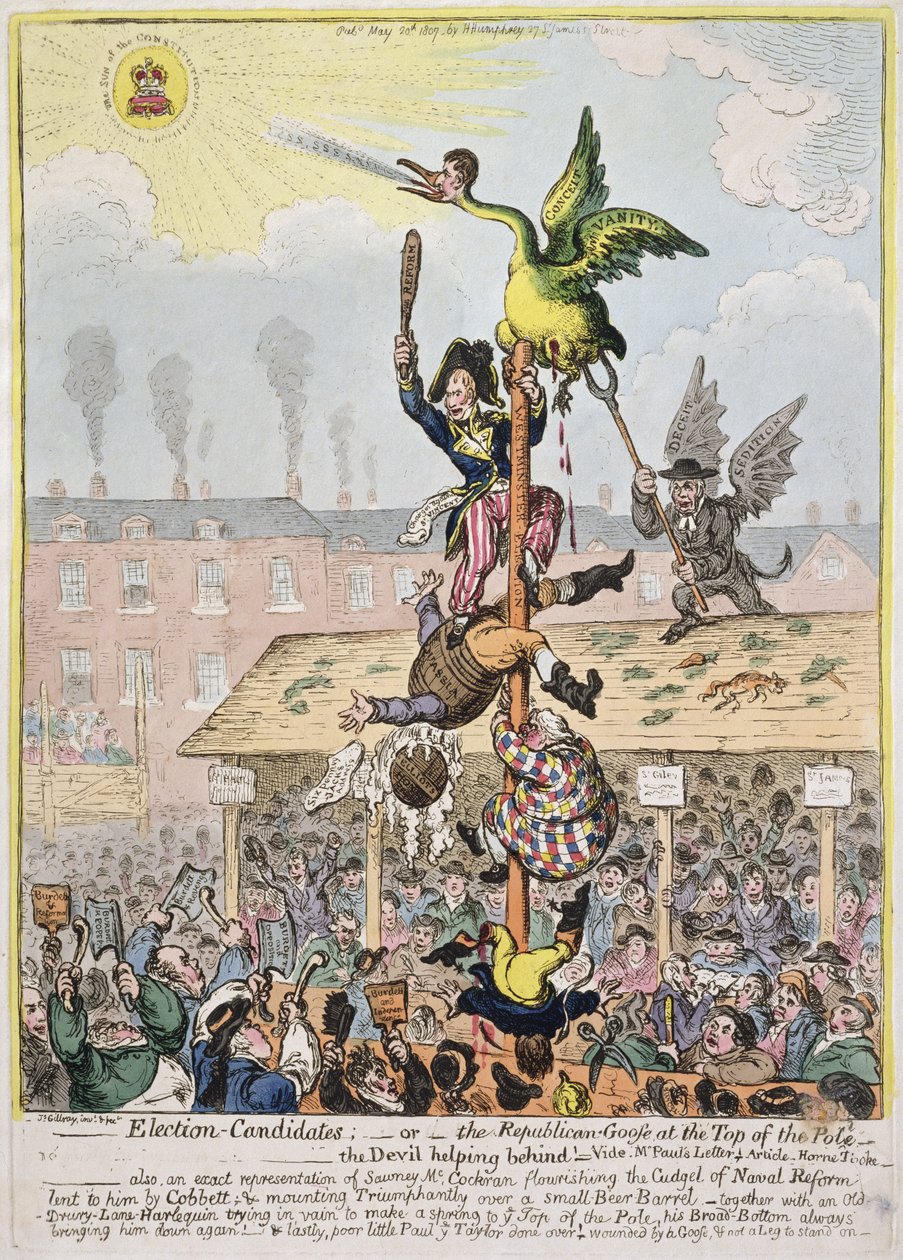 Valgkandidat, eller den republikanske gåsen på toppen av polen, utgitt av Hannah Humphrey i 1807 (håndfarget etsning) av James Gillray