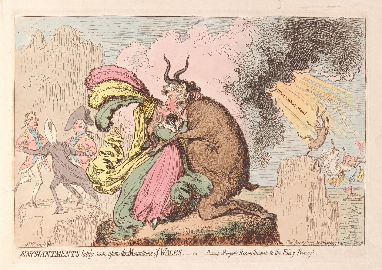 Fortryllelser nylig sett på fjellene i Wales eller Shon-ap Morgans Reconcilement to the Fairy Princess, pub. 1796 (håndfarget gravering) av James Gillray