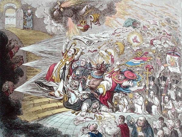 End of the Irish Farce of Catholic Emancipation , utgitt av Hannah Humphrey i 1805 (håndfarget etsning) av James Gillray