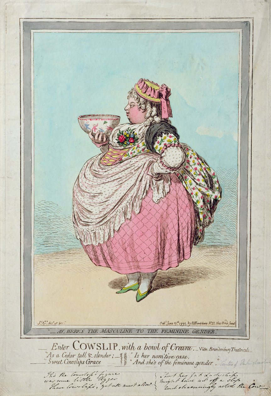 Enter Cowslip, with a bowl of Cream, utgitt av Hannah Humphrey i 1795 (håndfarget etsning) av James Gillray
