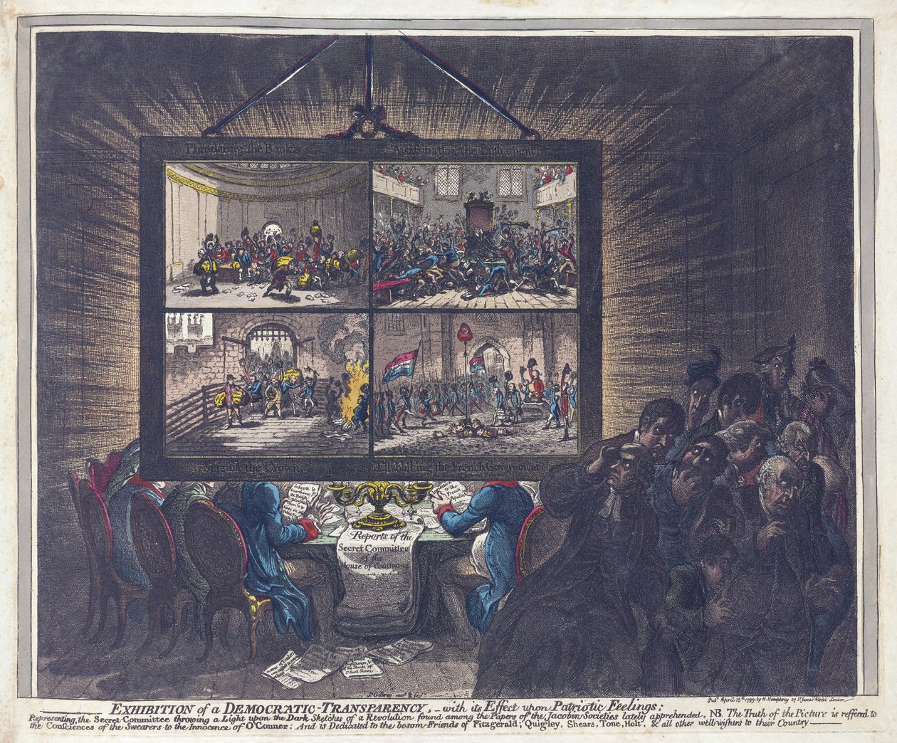Utstilling av en demokratisk åpenhet, med dens effekt på patriotiske følelser, pub. 1799 (håndfarget gravering) av James Gillray