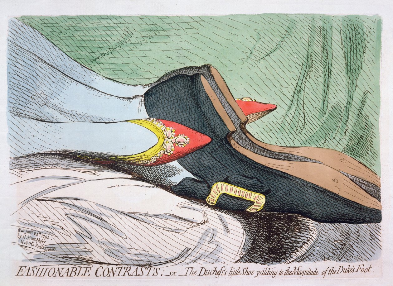 Fasjonable kontraster, eller hertuginnens lille sko som gir etter for størrelsen på hertugens fot, utgitt av Hannah Humphrey i 1792 (radering med wc) av James Gillray