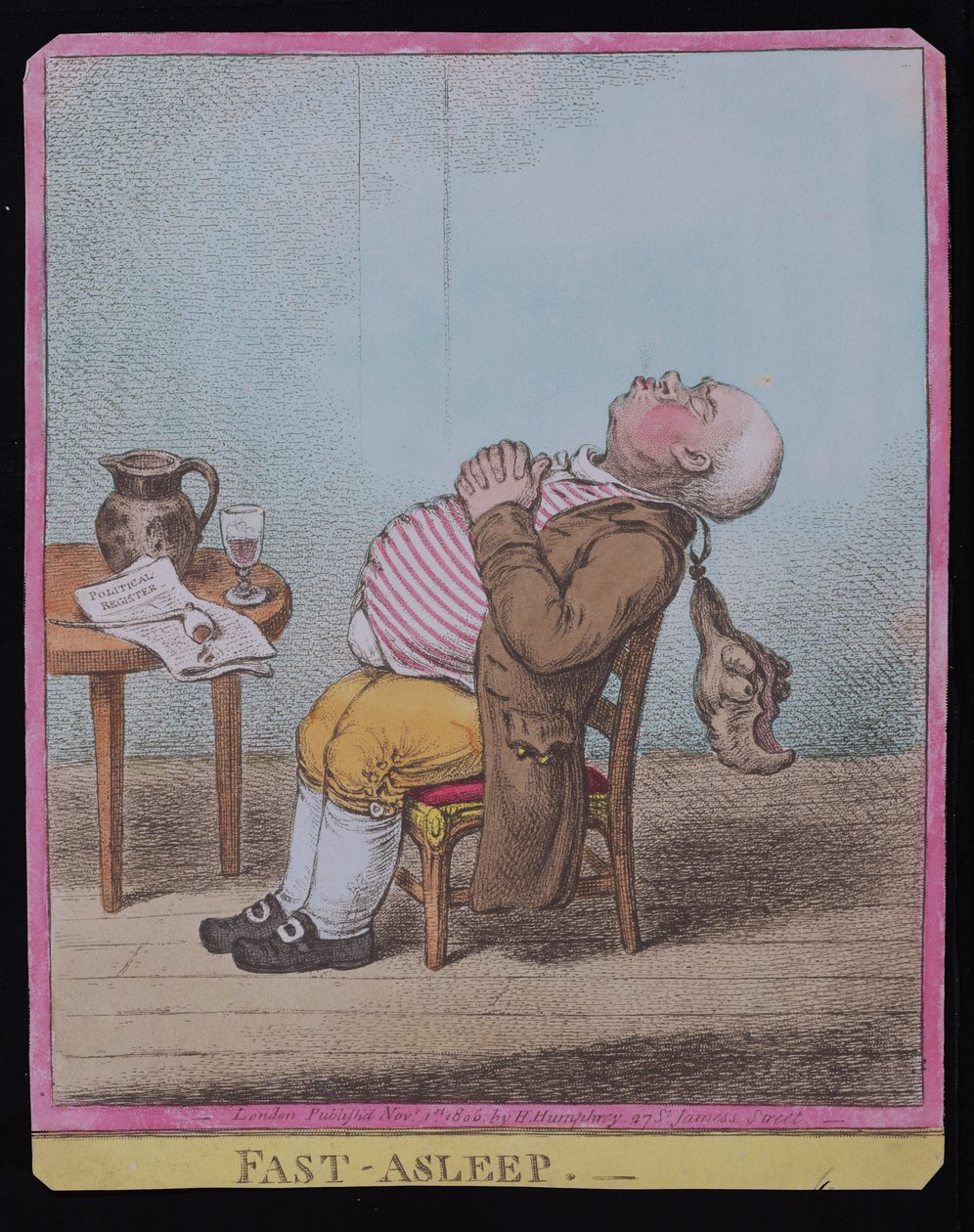 Fast Asleep , utgitt av Hannah Humphrey i 1806 (håndfarget etsning) (se også 189789) av James Gillray