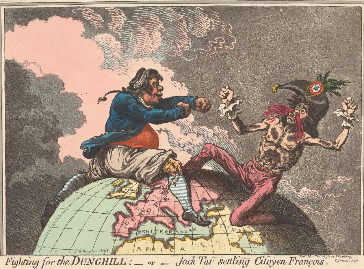 Kampen om møkkhaugen - eller - Jack Tar setter citoyen François på plass (fra: Caricature, bind 1) av James Gillray