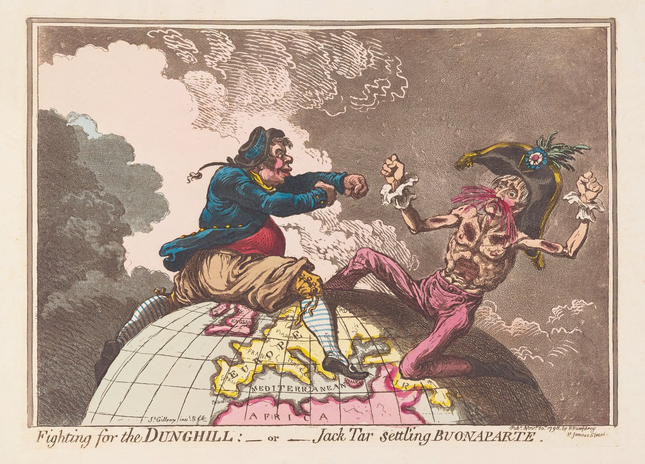 Kjemper for Dunghill eller Jack Tar bosetting Buonaparte, pub. 1798 (håndfarget gravering) av James Gillray