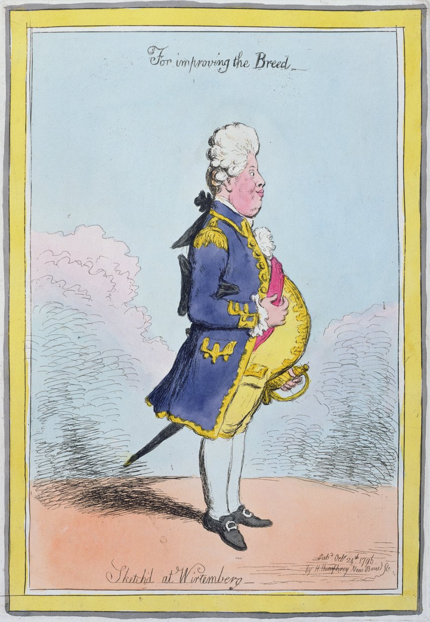 For å forbedre rasen, skissert i Wirtemberg, utgitt av Hannah Humphrey i 1796 (håndfarget etsning) av James Gillray