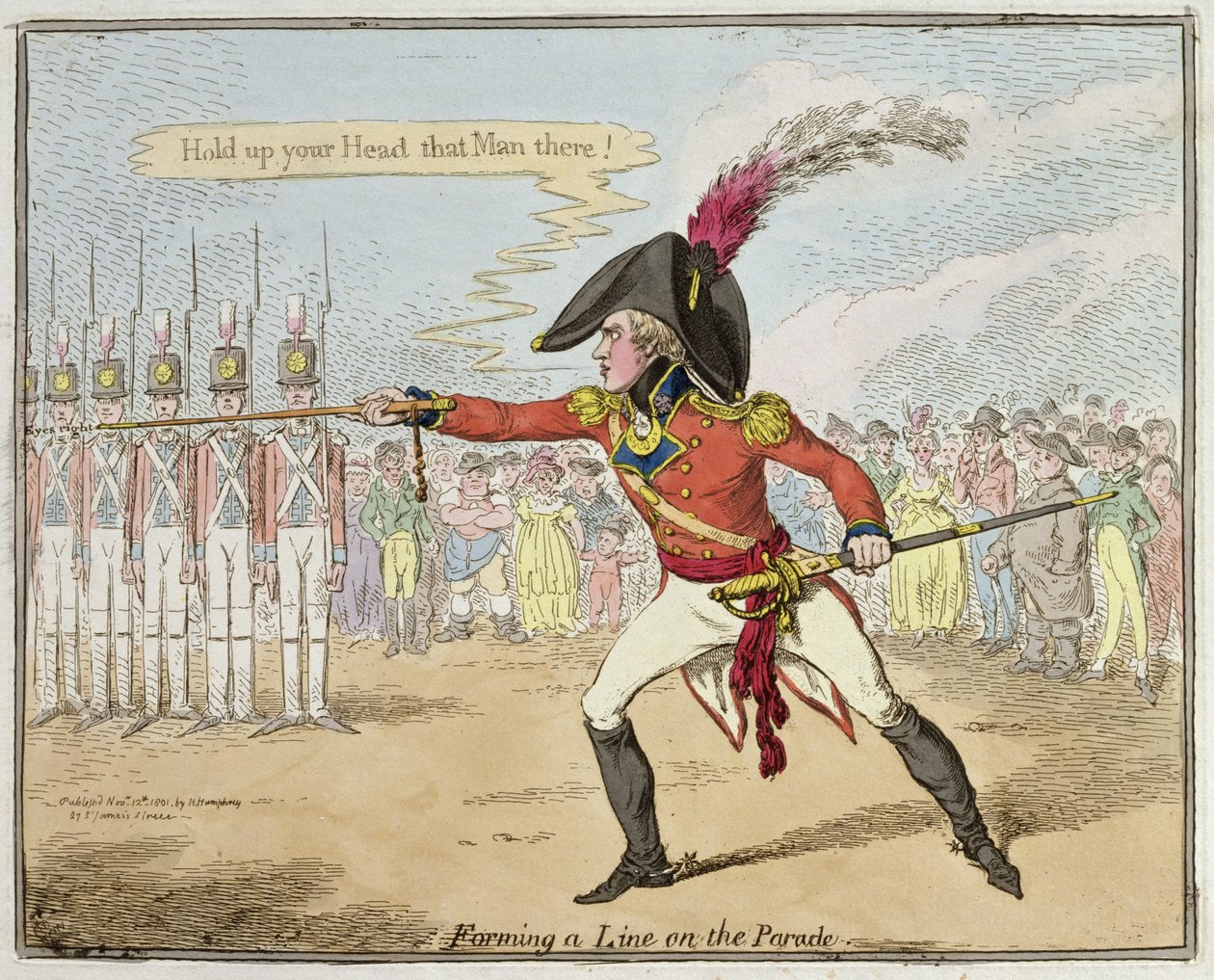 Forming a Line on the Parade , utgitt av Hannah Humphrey i 1801 (håndfarget etsning) av James Gillray