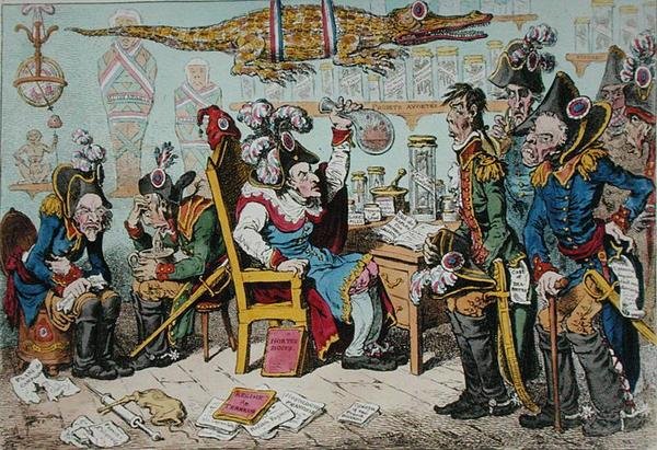 Franske generaler som trekker seg på grunn av helsen deres med Lepaux som leder i Directorial Dispensary, utgitt av Hannah Humphrey i 1799 (håndfarget etsning) av James Gillray