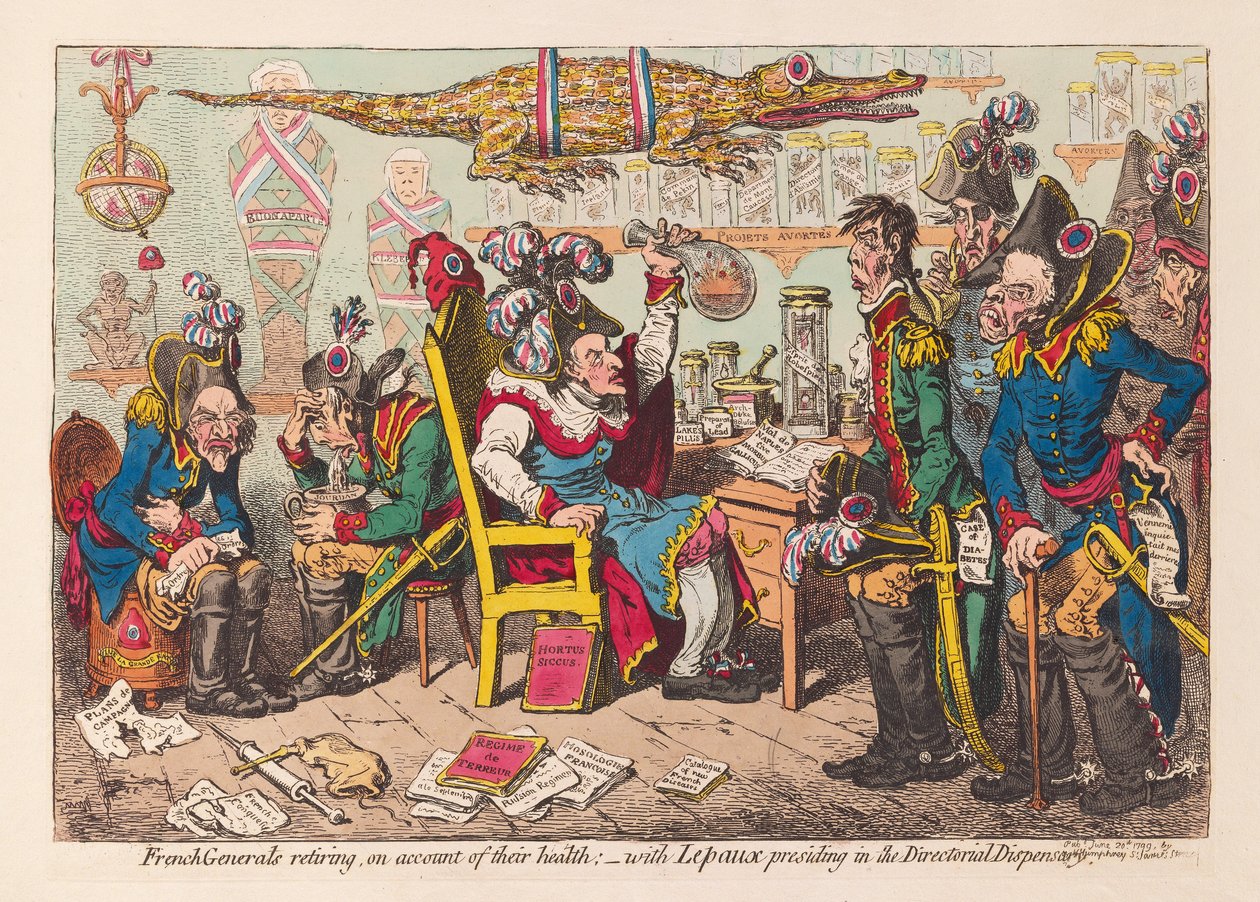 Franske generaler som trekker seg på grunn av sin helse:- med Lepaux som leder i Directorial Dispensary, pub. 1799 (håndfarget gravering) av James Gillray