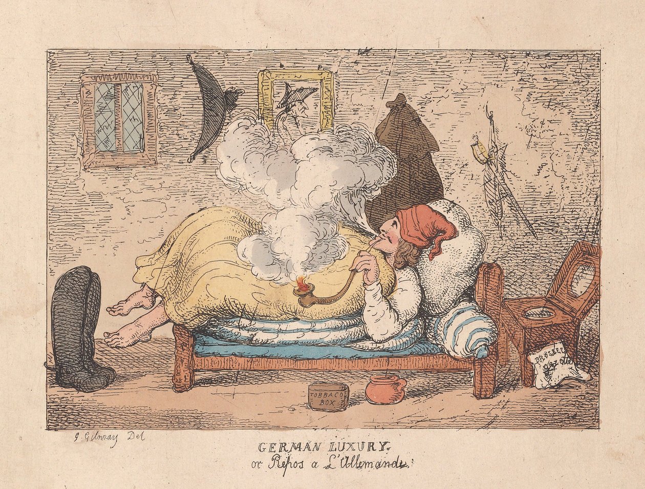 German Luxury eller Repos a LAllemande, pub. 1800 (håndfarget gravering) av James Gillray