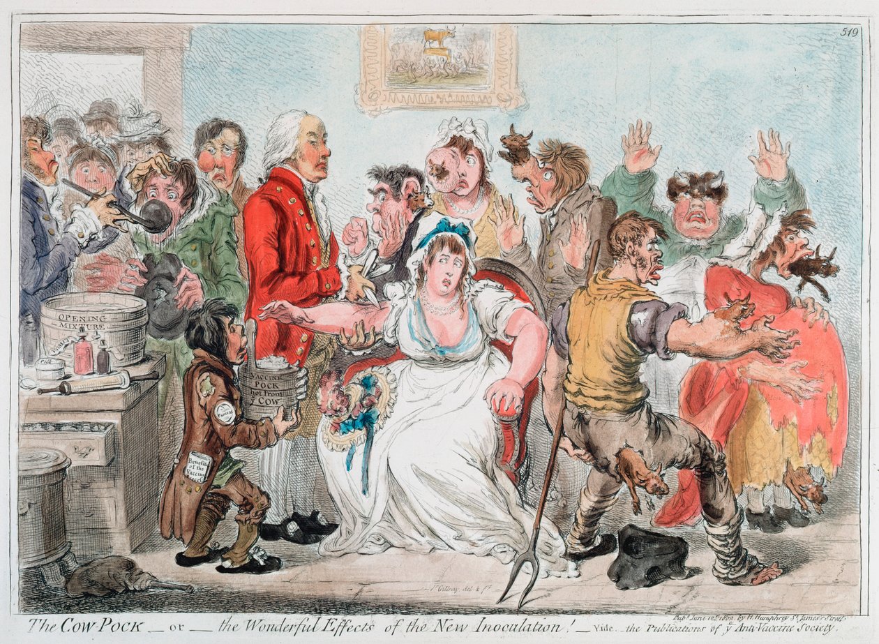 Gillray tegneserie om vaksinasjon mot kopper ved bruk av Cowpox-serum, 1802 av James Gillray