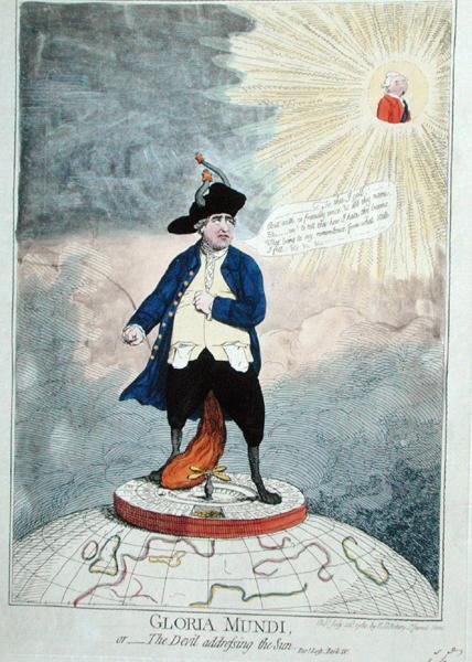 Gloria Mundi, eller The Devil Addressing the Sun, utgitt av William Humphrey i 1782 (håndfarget gravering) av James Gillray