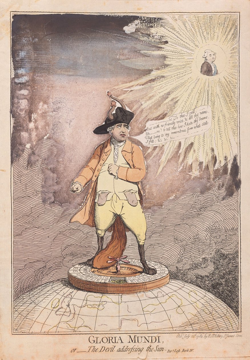Gloria Mundi, eller The Devil addressing the Sun, pub. 1782 (håndfarget gravering) av James Gillray