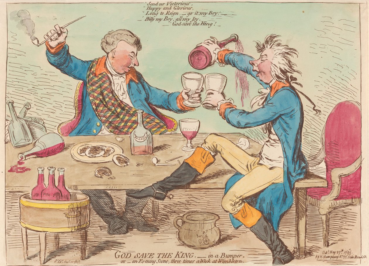 God Save the King. - På et fullt glass. Eller - En kveldsscene tre ganger i uken i Wimbledon av James Gillray