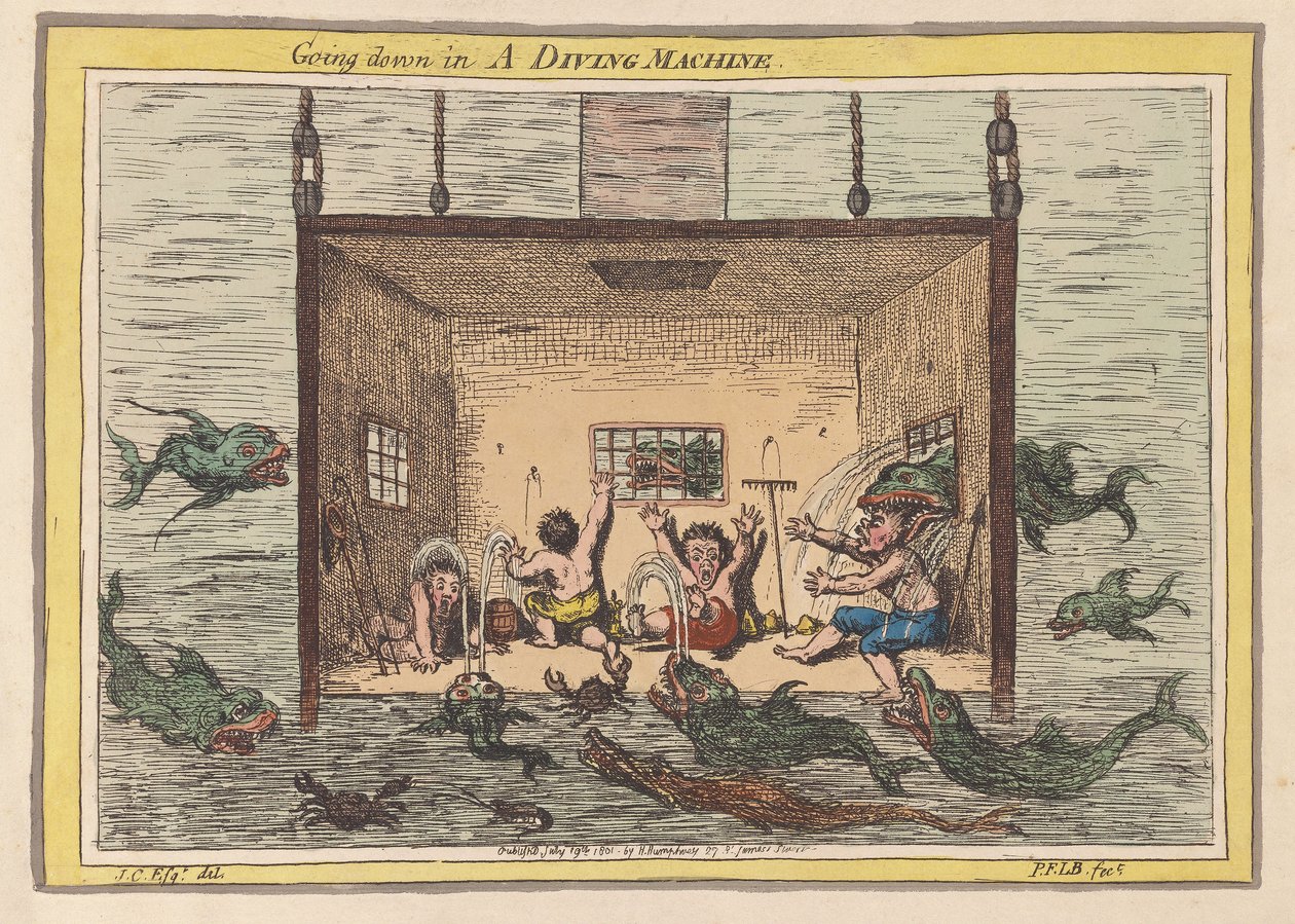 Going down in a Diving Machine, pub 1801 (håndfarget gravering) av James Gillray