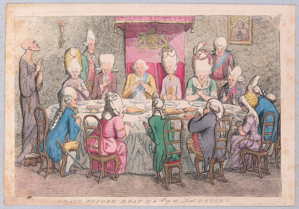 Grace before Meat or a Peep at Lord Peters, pub. 1779 (håndfarget gravering) av James Gillray