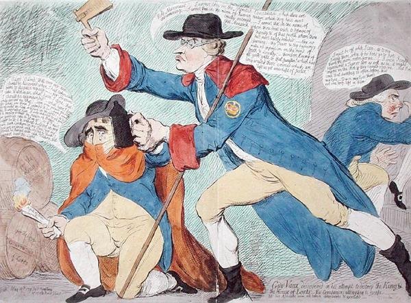 Guy Vaux oppdaget i forsøket på å ødelegge King & the House of Lords, utgitt av Hannah Humphrey i 1791 (håndfarget etsning) av James Gillray