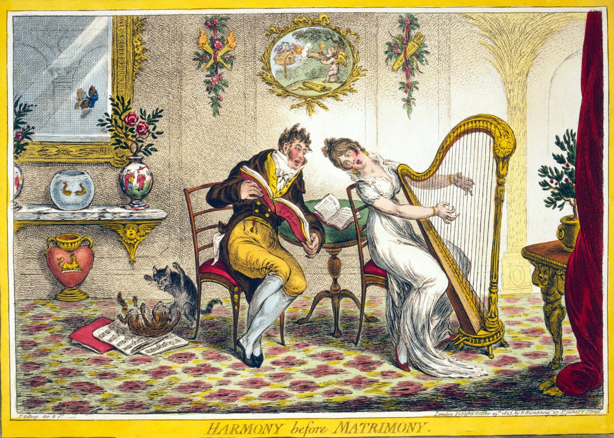 Harmoni før ekteskap, pub. Hannah Humphrey, 25. oktober 1805 (håndfarget gravering) av James Gillray