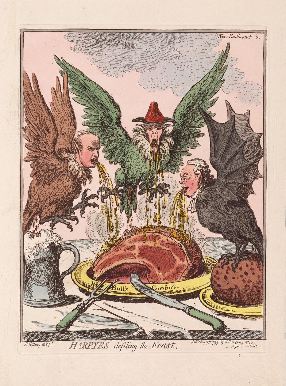 Harpyes besudler festen, pub. 1799 (håndfarget gravering) av James Gillray