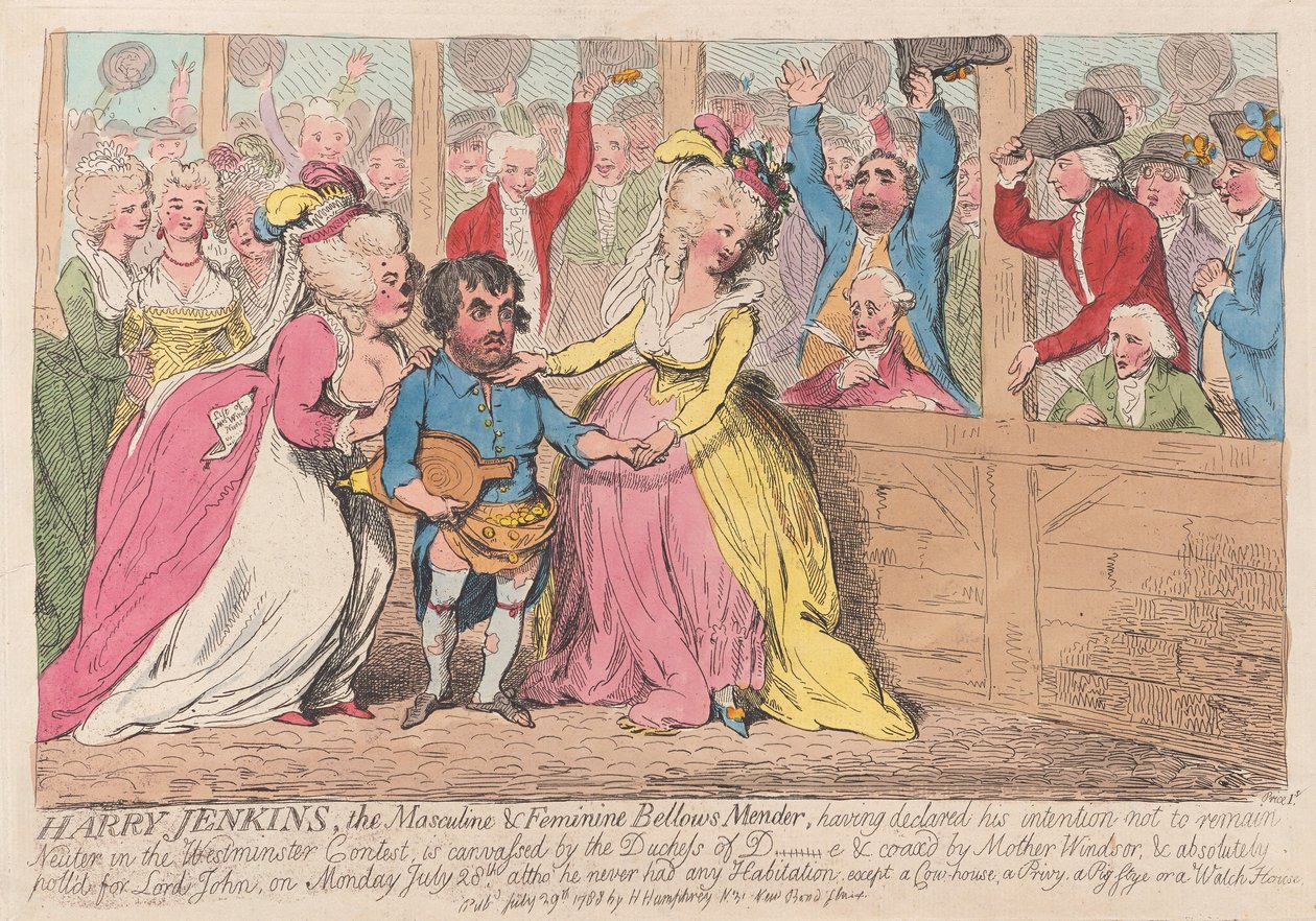 Harry Jenkins, the Masculine & Feminine Bellows Mender, pub. 1788 (håndfarget gravering) av James Gillray