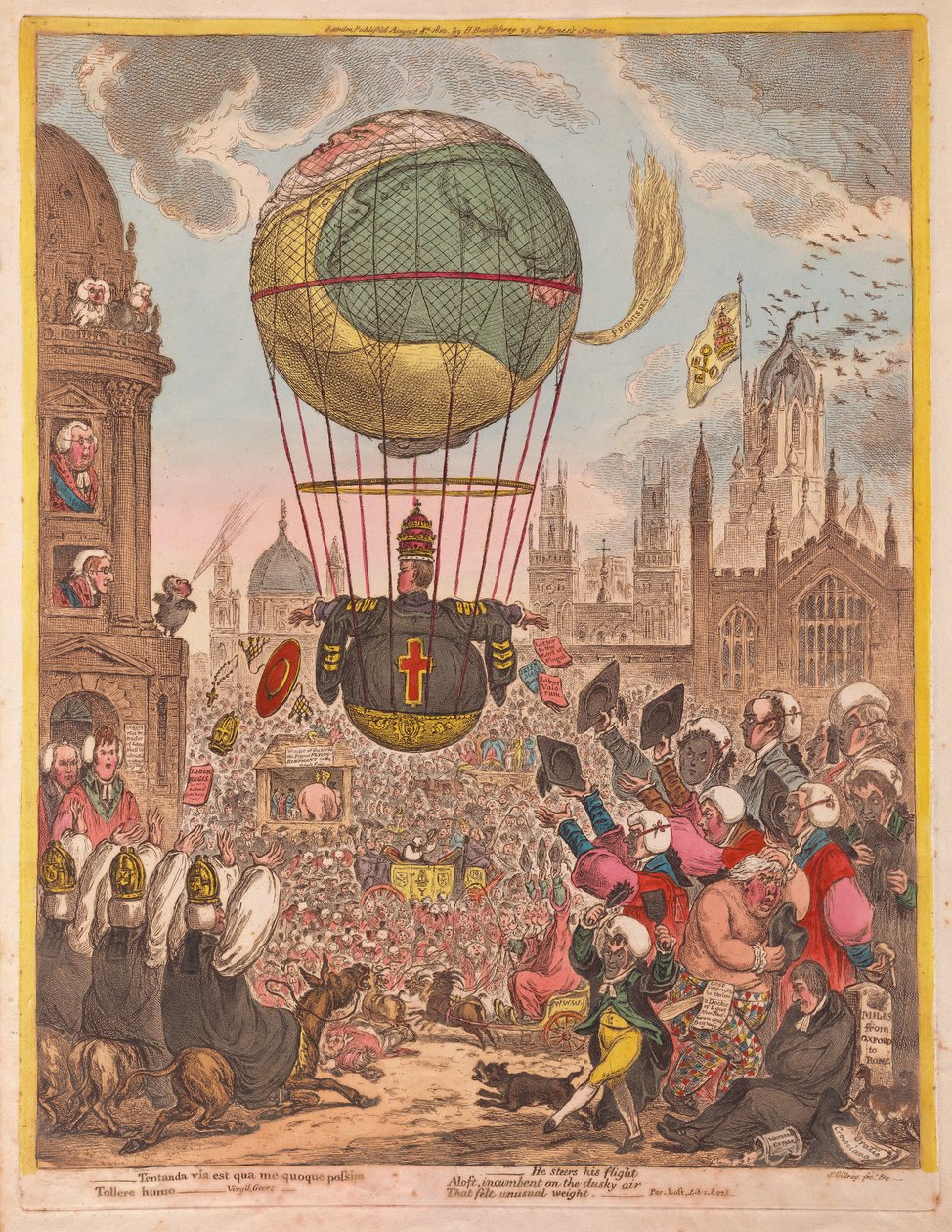 Han styrer sin Flight, pub. 1810 (håndfarget gravering) av James Gillray