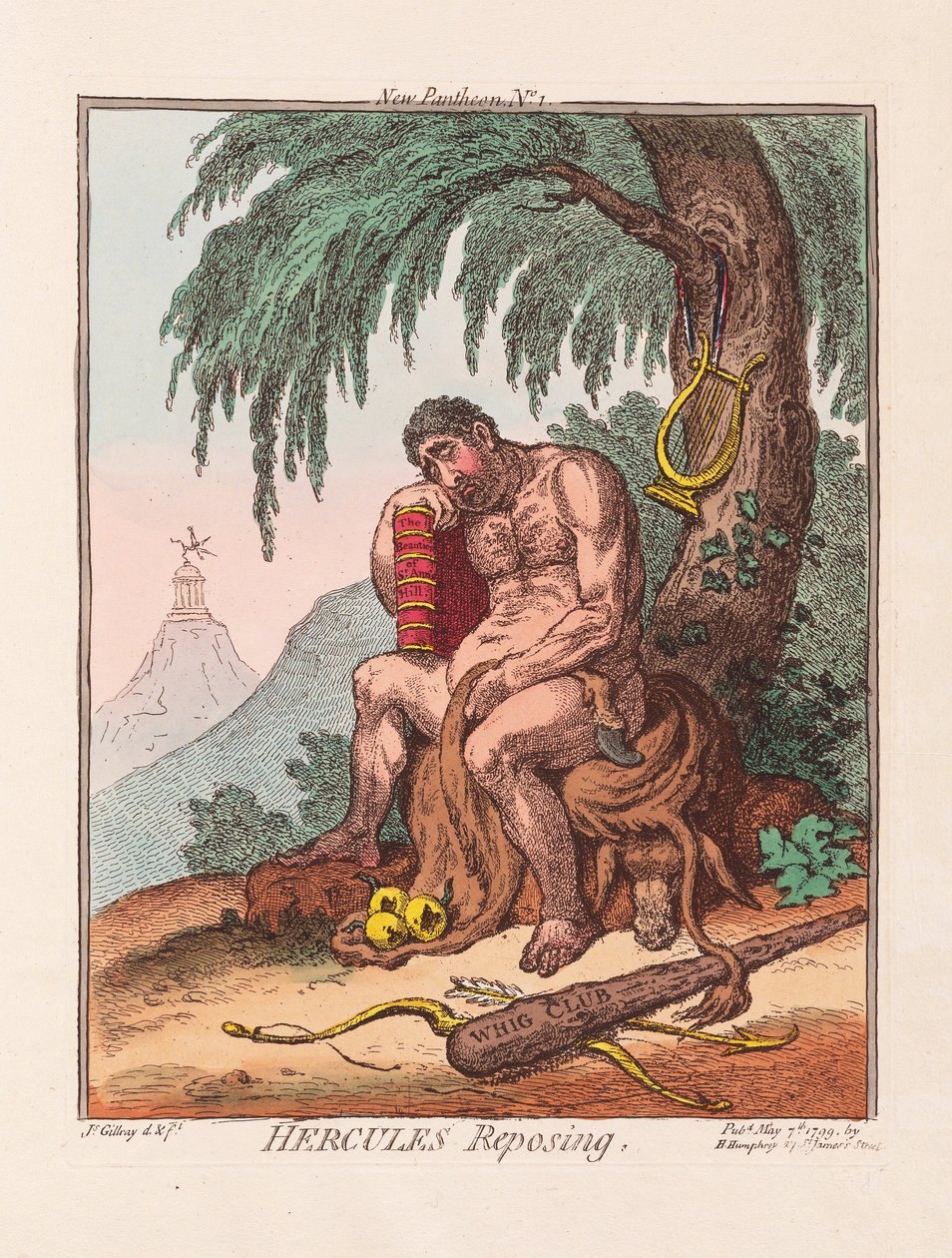 Hercules Reposing, pub. 1799 (håndfarget gravering) av James Gillray