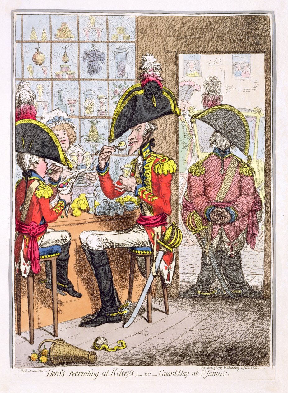 "Hero's Recruiting at Kelsey's, or Guard-Day at St. James's", pub. av Hannah Humphrey, 1797 (farget etsning) av James Gillray