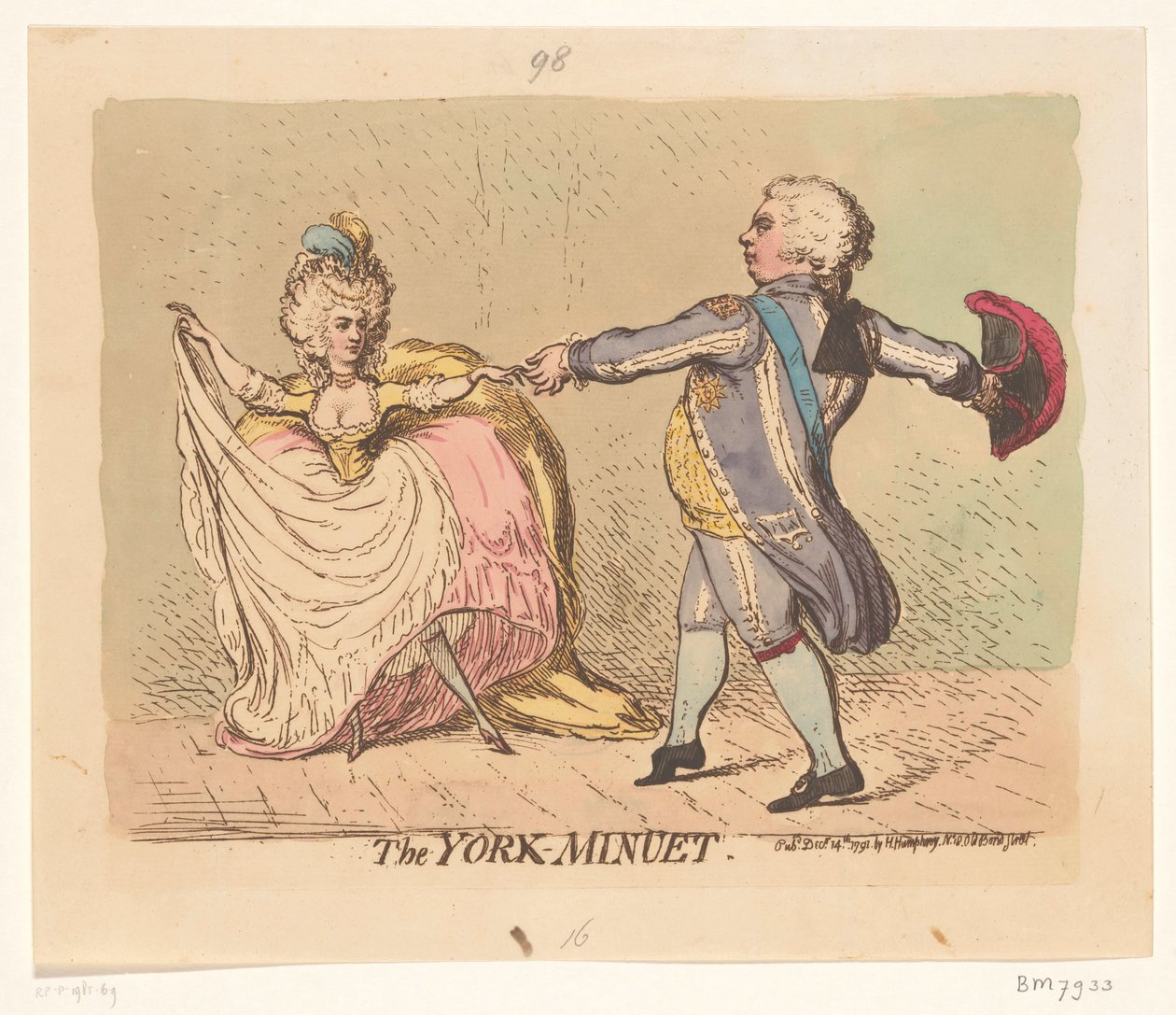 Hertuginne av York og prinsen av Wales danser en menuett, 1791 The York Menuet (tittel på objekt) av James Gillray