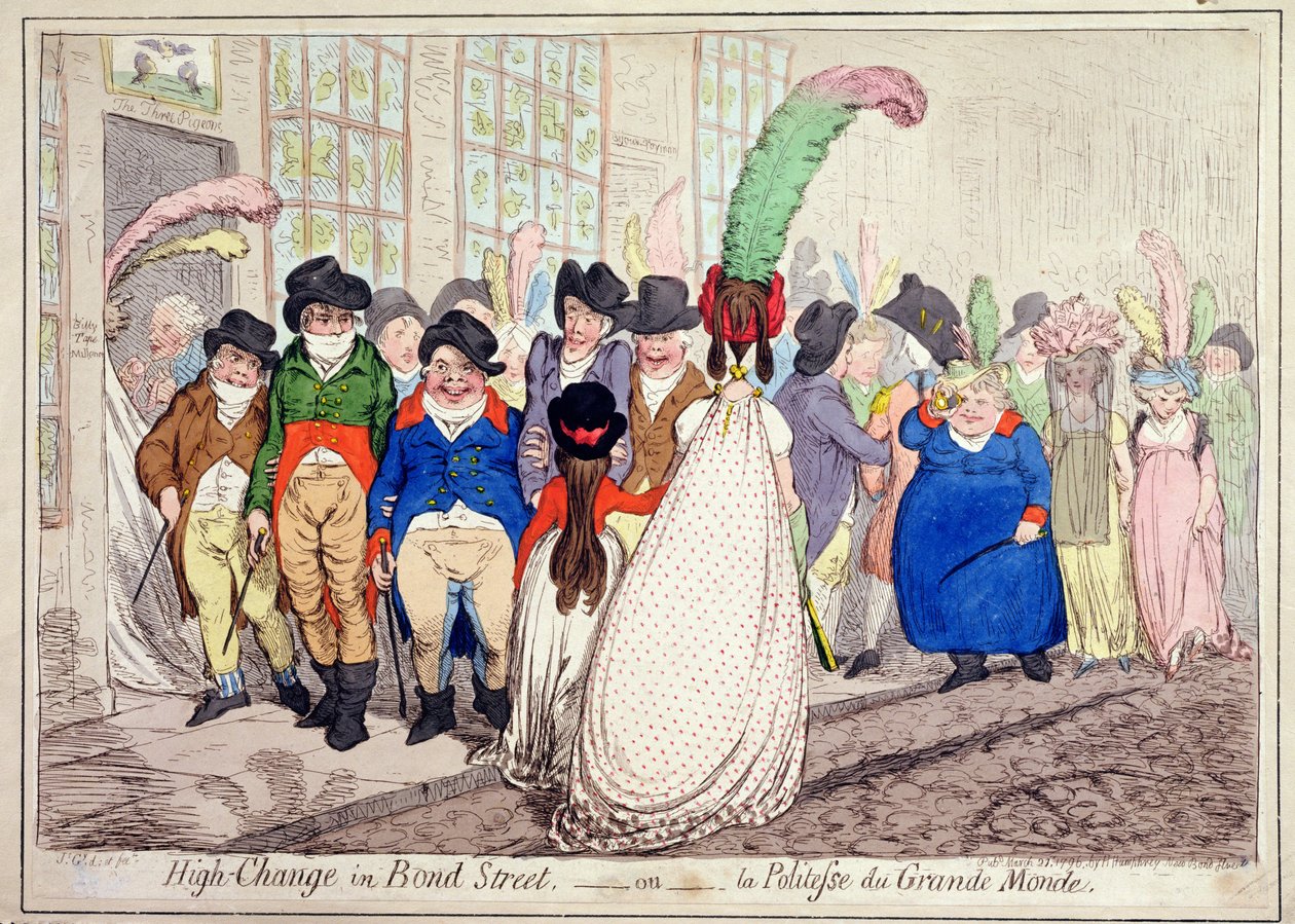 High Change in Bond Street, eller La Politesse du Grande Monde, utgitt av Hannah Humphrey i 1796 (håndfarget etsning) av James Gillray