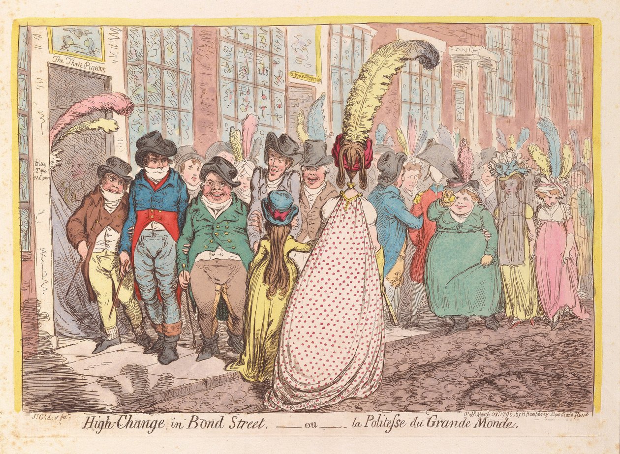 High Change i Bond Street, eller The Politeness of Great Worlds, pub. 1796 (håndfarget gravering) av James Gillray