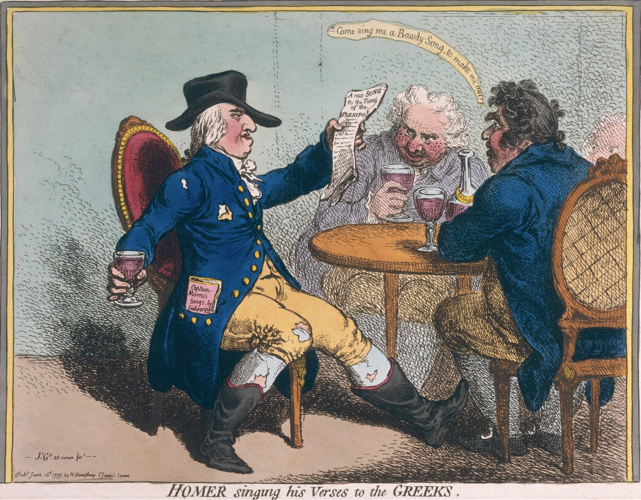 Homer synger versene sine til grekerne, utgitt av Hannah Humphrey i 1797 (håndfarget etsning) av James Gillray