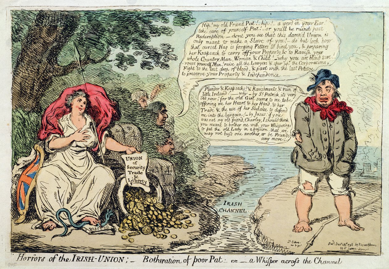 Horrors of the Irish Union: Botheration of Poor Pat, or A Whisper across the Channel, utgitt av Hannah Humphrey i 1798 (håndfarget etsning) av James Gillray