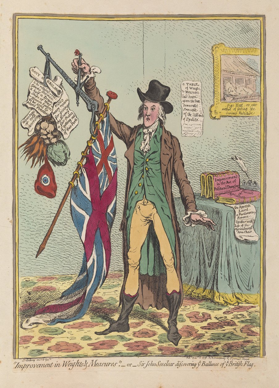 Forbedring i vekter og mål eller at Sir John Seeclear oppdager hver balanse i alle britiske flagg, puber. 1798 (håndfarget gravering) av James Gillray