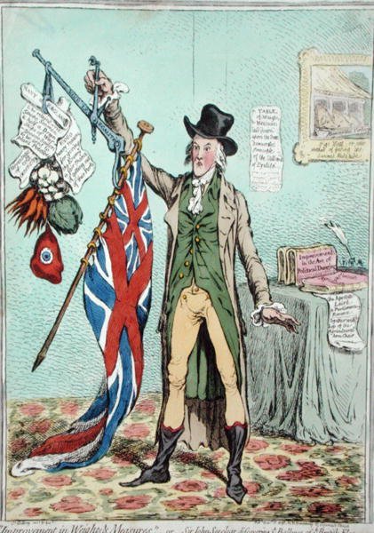 Improvement in Weights and Balances, eller Sir John Seeclear oppdager Balance of the British Flag, utgitt av Hannah Humphrey i 1798 (håndfarget etsning) av James Gillray