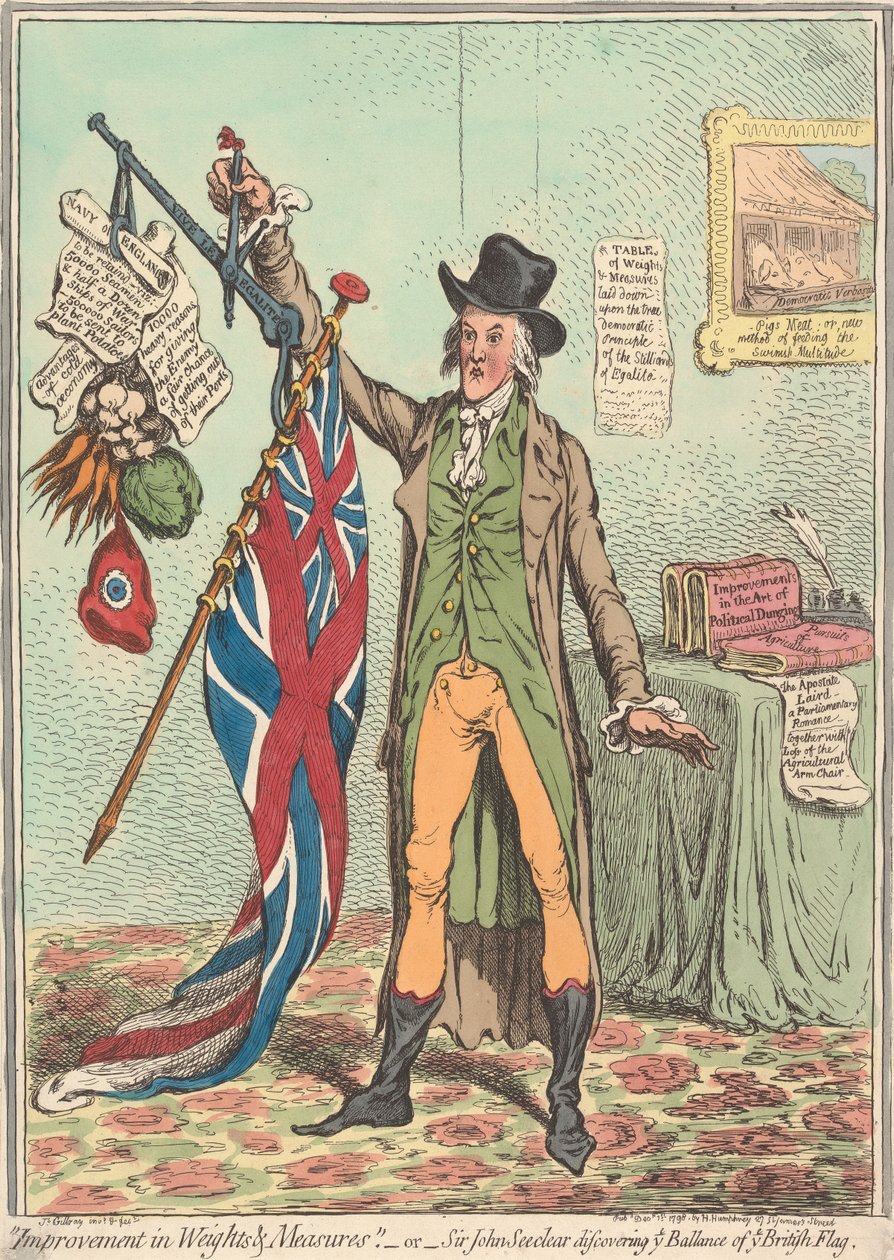 Forbedring av vekter og mål - eller - «Sir John Seeclear oppdager balansen i hvert flagg» (fra: Caricature, bind 1) av James Gillray