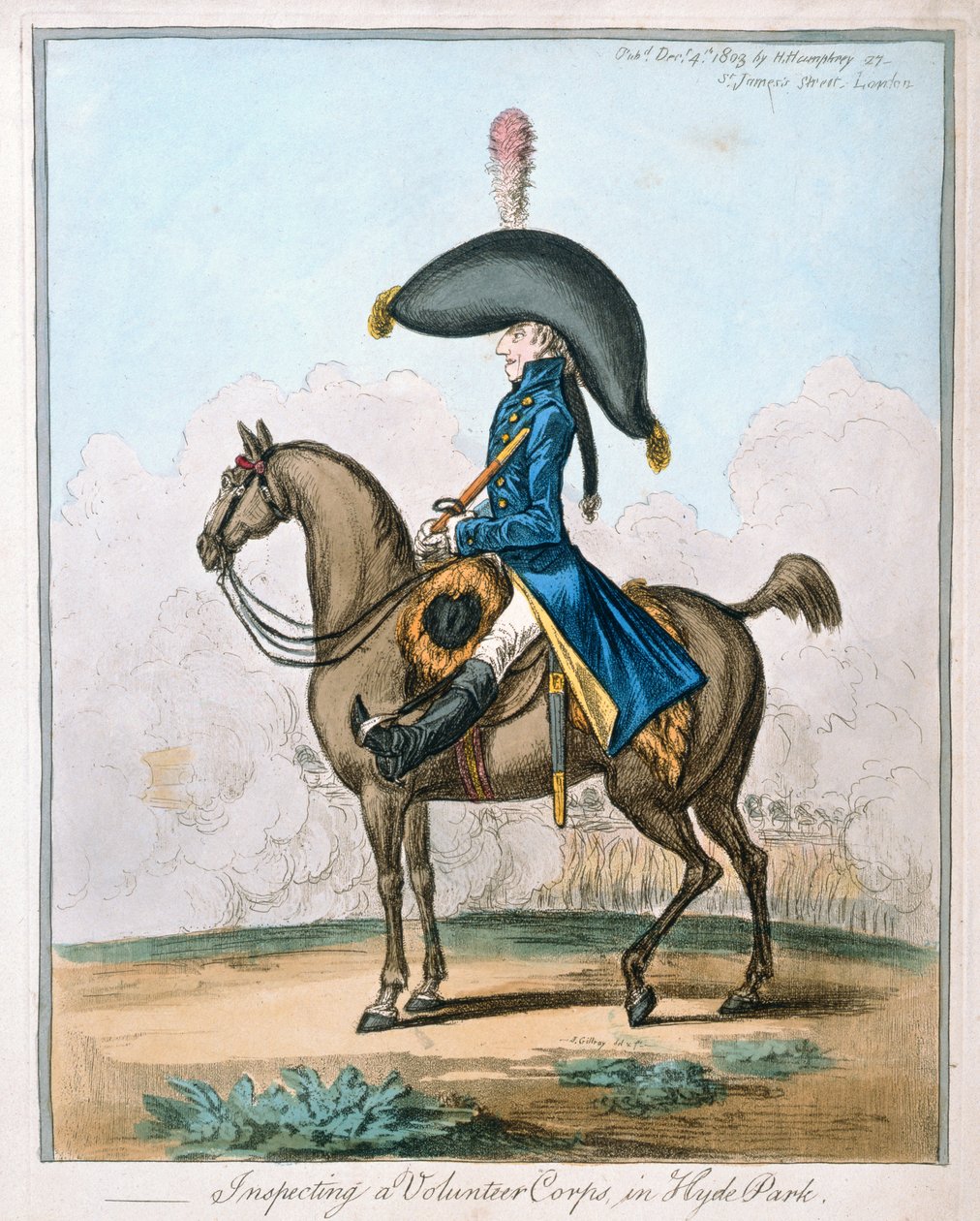 Inspecting a Volunteer Corps in Hyde Park, utgitt av Hannah Humphrey i 1803 (håndfarget etsning) av James Gillray