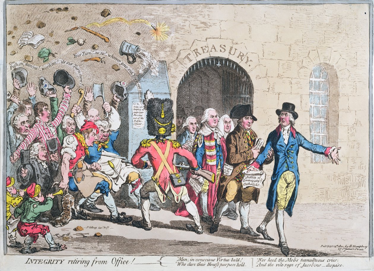 Integrity Retiring from Office, utgitt av Hannah Humphrey i 1801 (håndfarget etsning med akvatint) av James Gillray